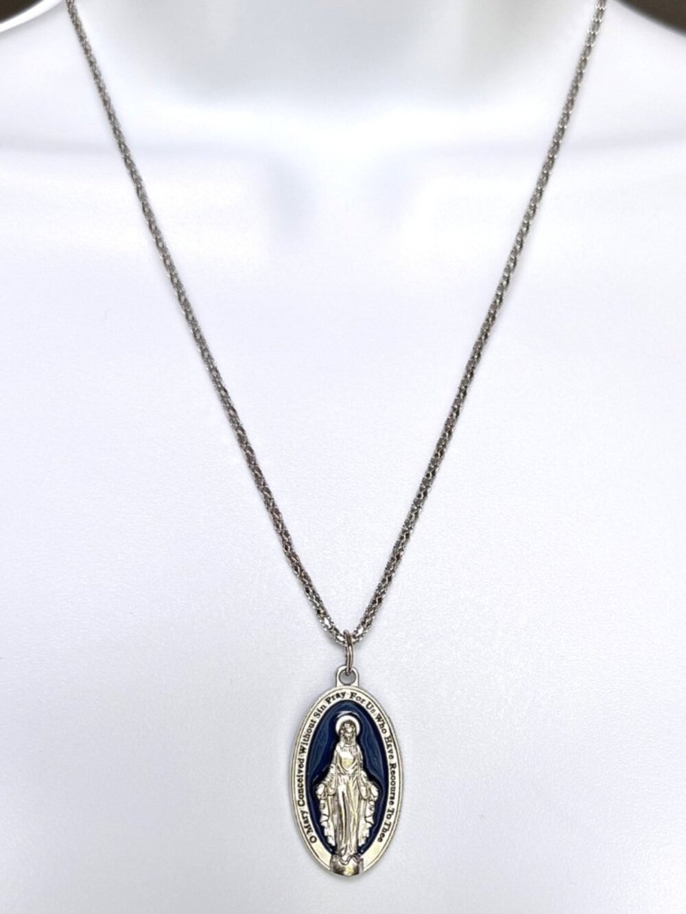 Blue Miraculous Medal Pendant Necklace Catholic Devotional Sacred Virgin Mary